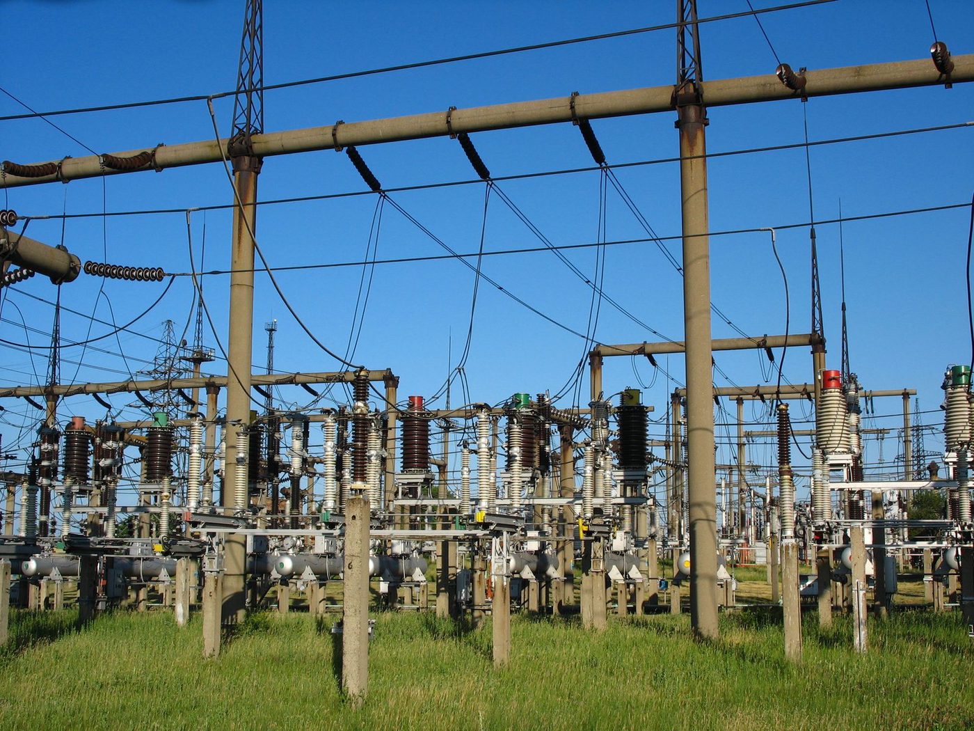 A zone substation switchyard on a clear day